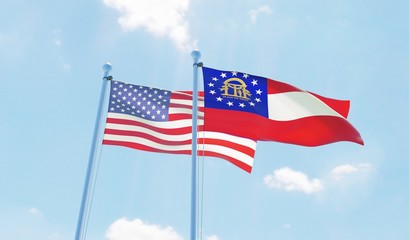 USA and state Georgia, two flags waving against blue sky. 3d image