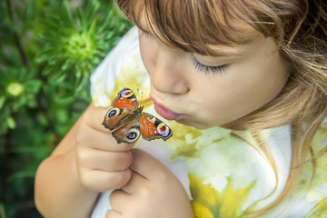 child with a butterfly in his hands. Selective focus.