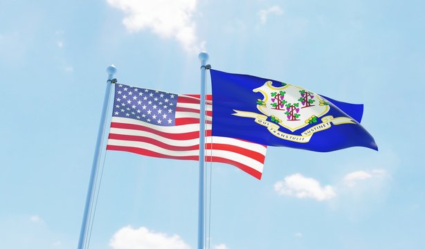 USA and state Connecticut, two flags waving against blue sky. 3d image