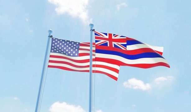 USA and state Hawaii, two flags waving against blue sky. 3d image