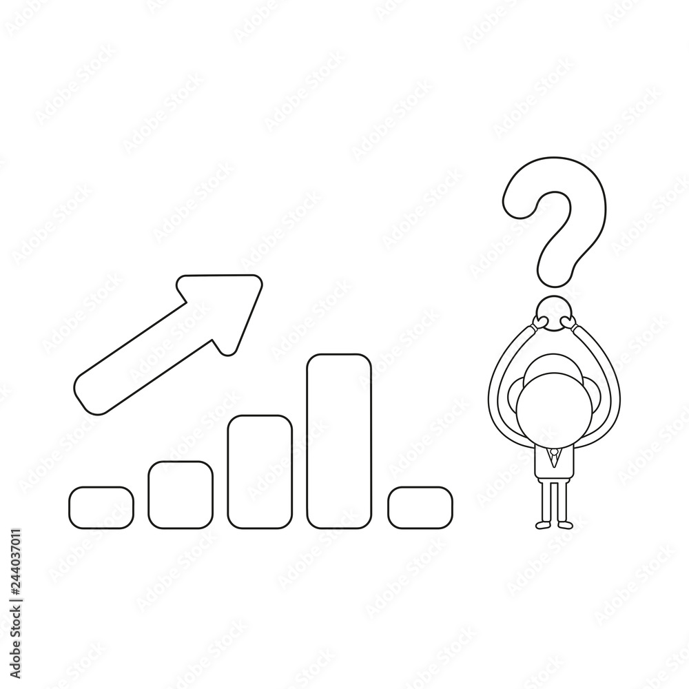 Poster vector businessman character holding up question mark with sales bar graph moving up and down. black