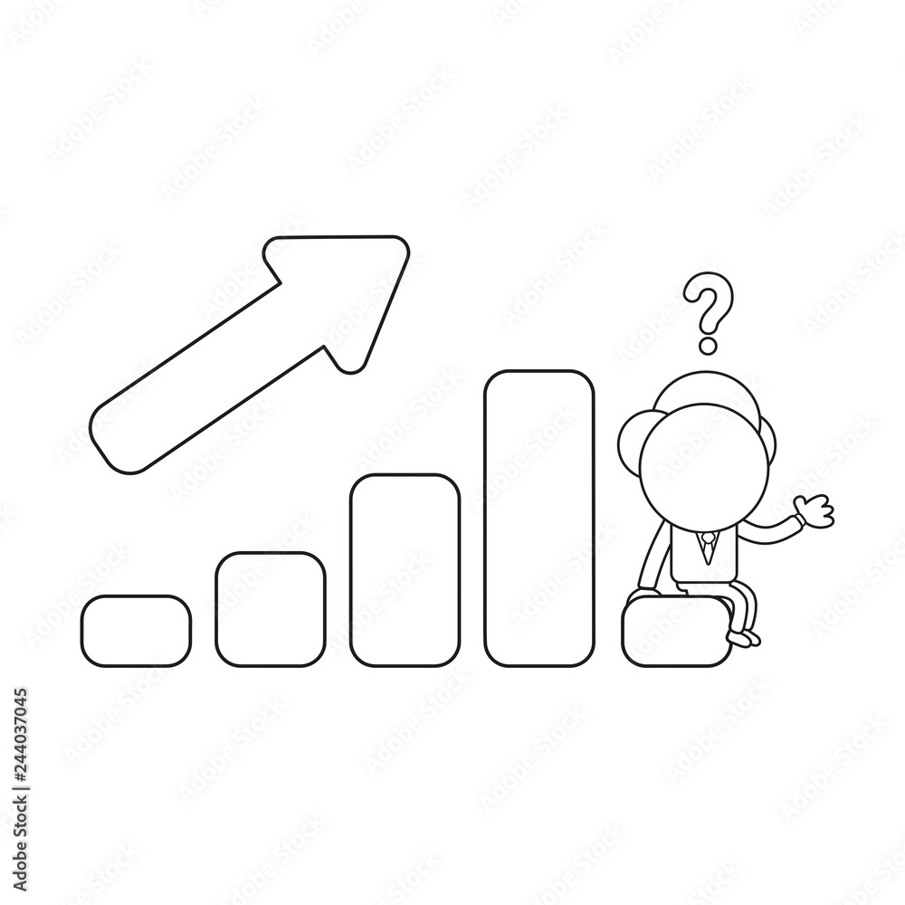 Poster vector confused businessman character sitting on sales bar graph moving up and down. black outline.