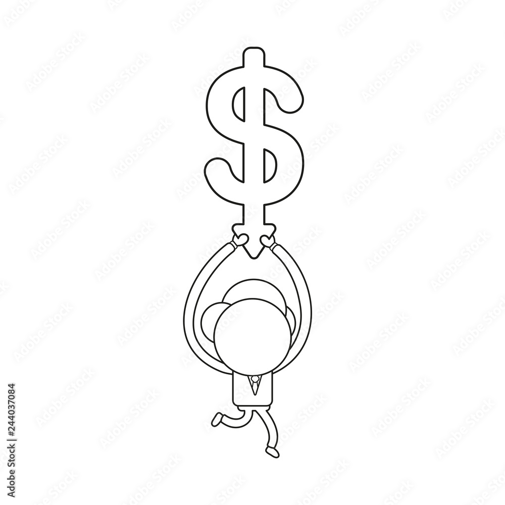 Poster vector businessman character running and holding dollar with arrow moving down. black outline.