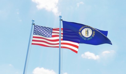 USA and state Kentucky, two flags waving against blue sky. 3d image