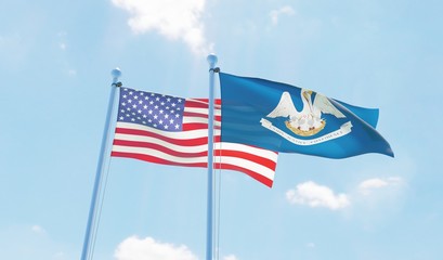 USA and state Louisiana, two flags waving against blue sky. 3d image