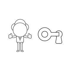 Vector businessman character unlock key and showing thumbs up. Black outline.