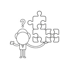 Vector businessman character holding connected puzzle pieces and confused for missing puzzle piece. Black outline.