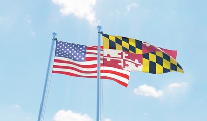 USA and state Maryland, two flags waving against blue sky. 3d image