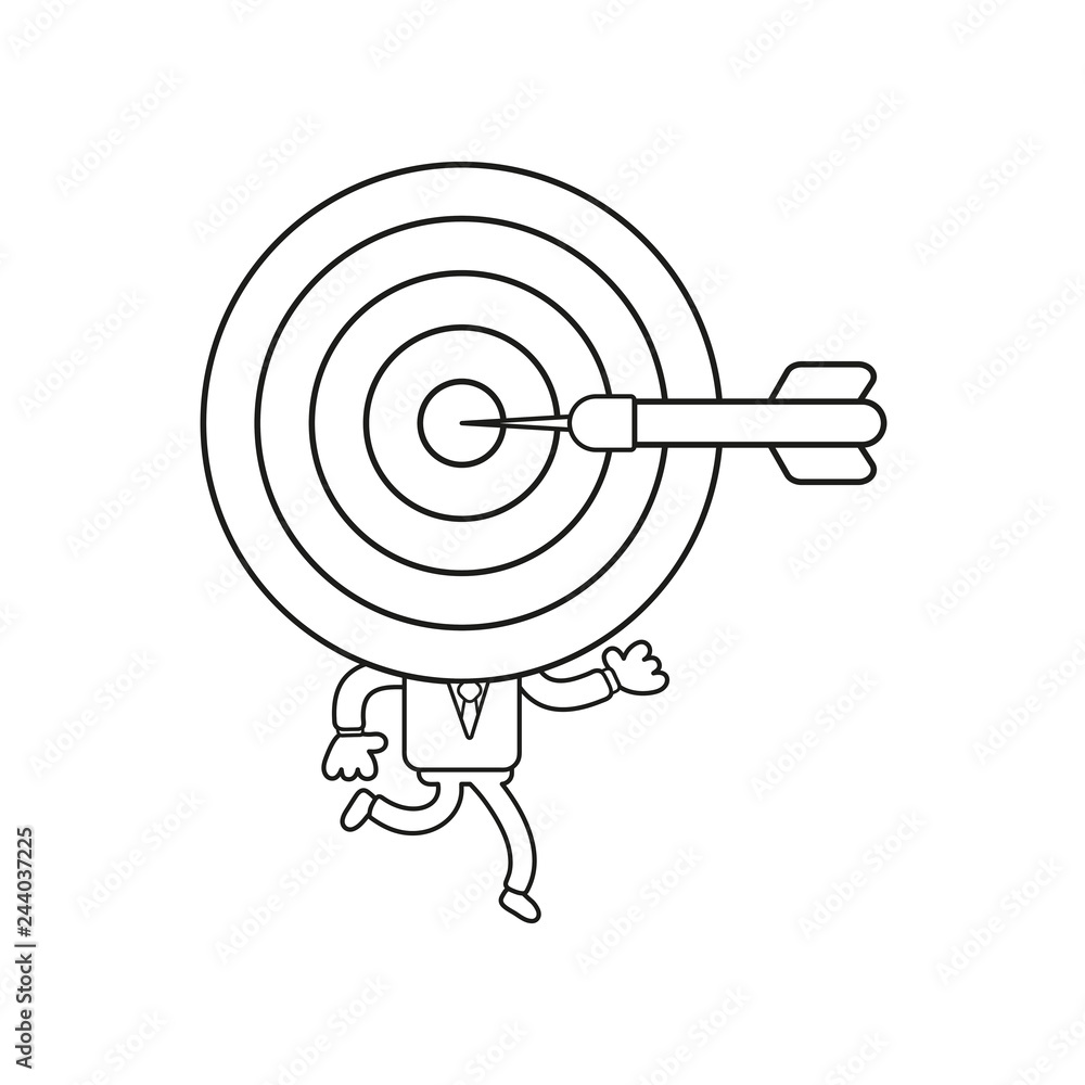 Poster vector businessman character running with bulls eye head and dart in the center. black outline.