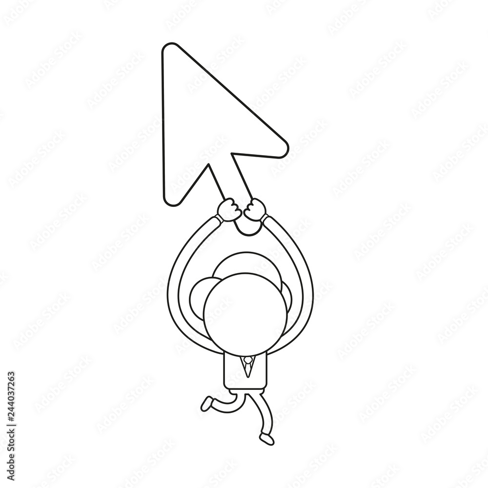 Poster vector businessman character running and holding up mouse cursor. black outline.
