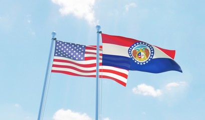 USA and state Missouri, two flags waving against blue sky. 3d image