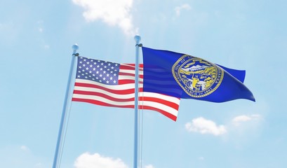 USA and state Nebraska, two flags waving against blue sky. 3d image