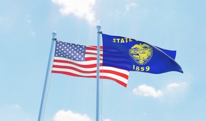 USA and state Oregon, two flags waving against blue sky. 3d image