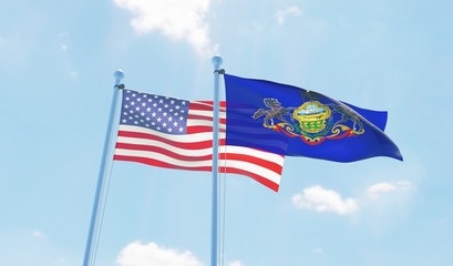USA and state Pennsilvania, two flags waving against blue sky. 3d image
