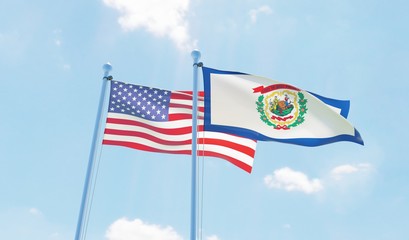 USA and state West Virginia, two flags waving against blue sky. 3d image