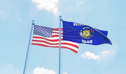 USA and state Wisconsin, two flags waving against blue sky. 3d image