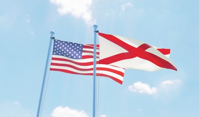 USA and state Alabama, two flags waving against blue sky. 3d image