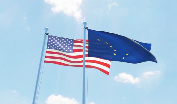 USA and state Alaska, two flags waving against blue sky. 3d image