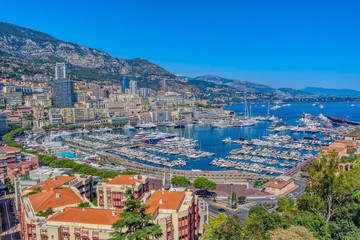 Panoramic view on residential buildings and marina in Monte Carlo. Principality of Monaco