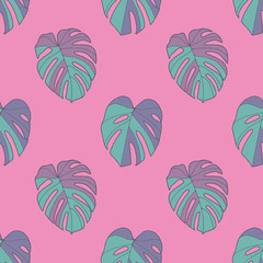 Seamless pattern of bright neon teal colored tropical Swiss Cheese Windowleaf Monstera Deliciosa plant leaves on pink background