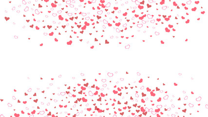 A sample of wallpaper design, textiles, packaging, printing, holiday invitation for wedding. Red on White background Vector. Red hearts of confetti are falling. Spring background.