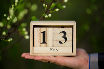13 May set on wooden block calendar with green bloom tree on background