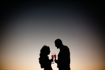 silhouettes of happy young people with glasses of red wine champagne at sunset