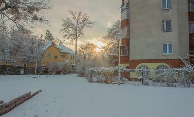 Sunset on a winter snowy day