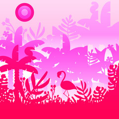 Teopical pink silhoutte landscape whith flamingo pink background vector illustration flat desing