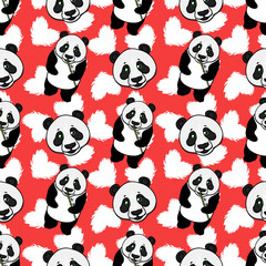 Cute Panda seamless pattern with heart. Vector hand drawn illustration on red.