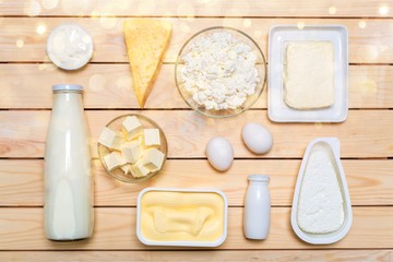 Dairy products collection on wooden table