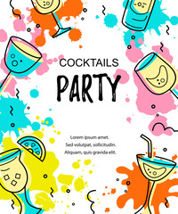 Naklejka premium Vector illustration with cocktail glasses and paint splashes. Template for bar menu, party, alcohol drinks, holidays, flyer, brochure, poster, banner. Flat and outline style. 