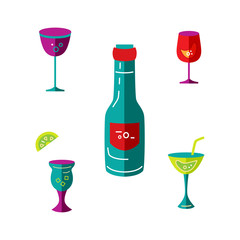 Set of cocktail and wine glasses and bottle. Flat style vector illustration.