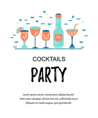 Vector illustration with cocktail glasses. Template for bar menu, party, alcohol drinks, holidays, flyer, brochure, poster, banner. Flat and outline style vector illustration.