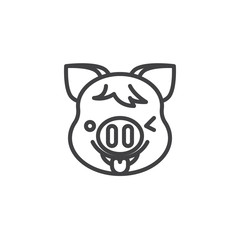 Winking Piggy Face With Tongue Emoji line icon. linear style sign for mobile concept and web design. Happy piggy face emoticon outline vector icon. New year Pig head symbol, logo illustration.