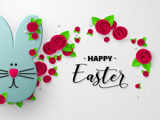 Happy Easter holiday design. 3d paper cut bunny decorated flowers. White spotted background. Vector.