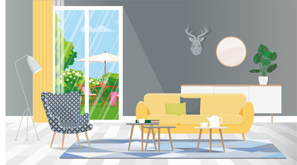 Living room overlooking the backyard from the window. Vector objects are isolated, grouped.