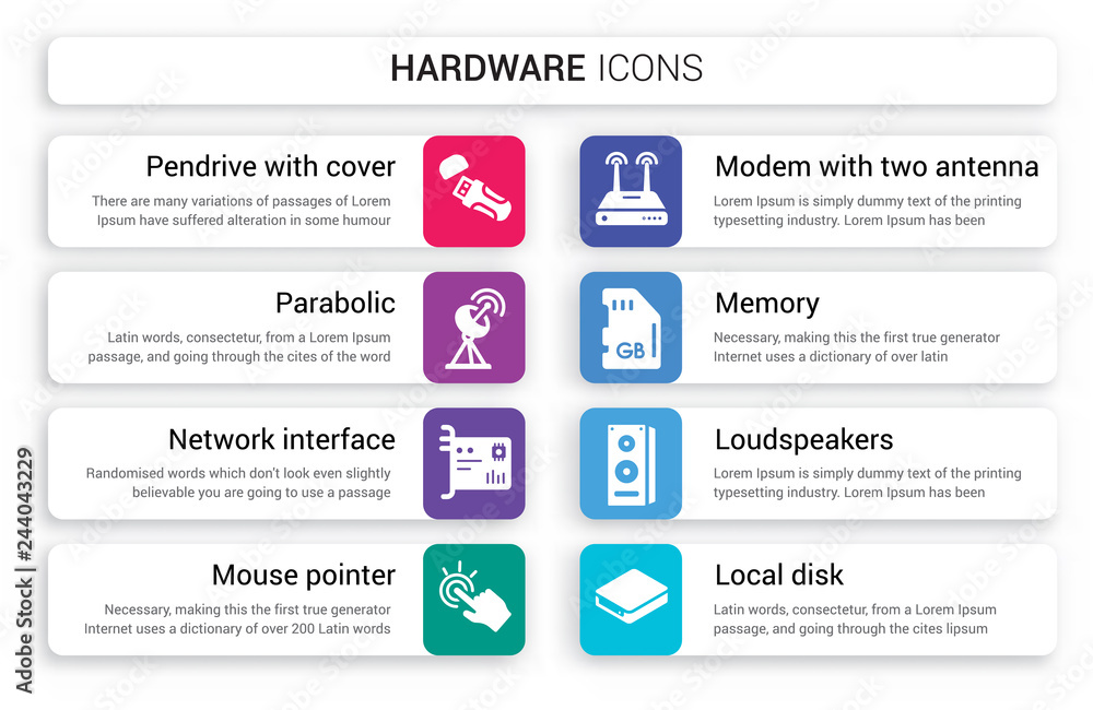 Poster set of 8 white hardware icons such as pendrive with cover, parabolic, network interface card, mouse 