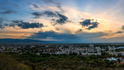 Sunset over Plovdiv city, european capital of culture 2019, Bulgaria