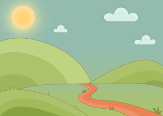 Fototapeta premium Drawn cartoon landscape with hills, footpath, sun and cute clouds. Fairy landscape background illustration