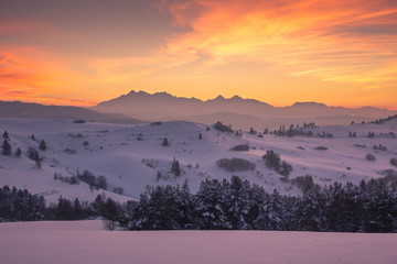 Tatra mountains from Pieniny mountains at winter, Slovakia