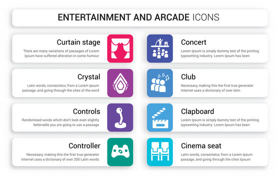 Set of 8 white entertainment and arcade icons such as curtain stage, Crystal, Controls, Controller, Concert, Club isolated on colorful background - Powered by Adobe