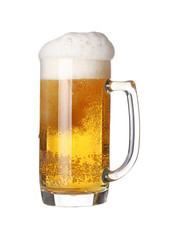 Close up one frothy beer glass isolated on white
