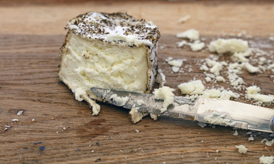 Fresh goat cheese with knife on wooden board