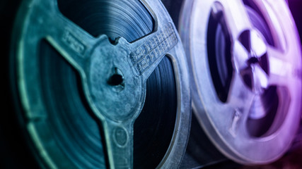 Old tape recroder,, neon lights, close up