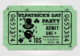 Saint Patrick's Day party celebration invitation, ticket, admit one. Vintage style vector illustration
