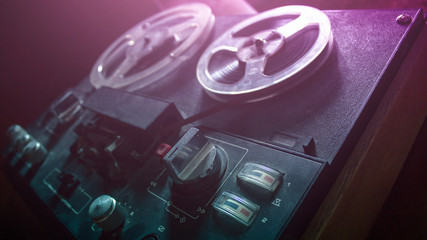 Old tape recroder,, neon lights, close up