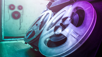 Old tape recroder,, neon lights, close up