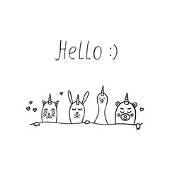 Cat, bear, guse, and bunny with word hello. 