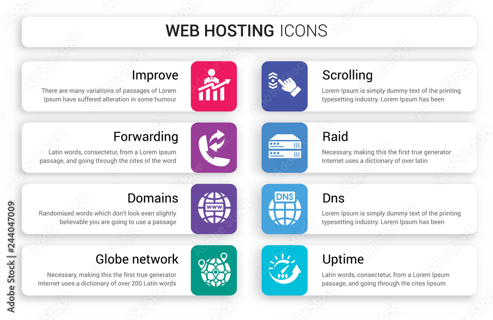 Aufkleber set of 8 white web hosting icons such as improve, forwarding, domains, globe network, scrolling, rai